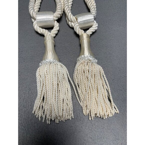 Vintage Ivory Curtain Tie Backs Pair with Tassels 17" Long Decorative Rope Holdb - Picture 4 of 13
